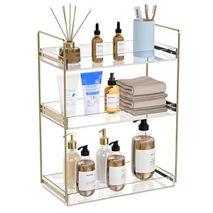 lot 9714 image: Bathroom Countertop Organizer, 3 Tier Acrylic Tray Vanity Counter Skincare Organizer Shelf, Kitchen Under Sink Standing Rack, Home Storage Holder for Lotion Makeup Cosmetics Perfume Spice, Gold