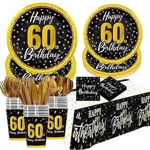 lot 9722 image: 60th birthday decorations for men women - (Total 169pcs) black gold Birthday supplies Plates and Napkins, Cups, Knives, Forks, Spoons Included, tablecloth, Disposable Tableware for 24 Guests