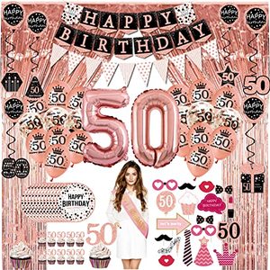 lot 9729 image: 50th birthday decorations for women - (76pack) rose gold party Banner, Pennant, Hanging Swirl, birthday Balloons, Foil Backdrops, cupcake Topper, plates, Photo Props, Birthday Sash for gifts women