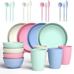 lot 9733 image: Wheat Straw Dinnerware Sets of 4 (28 Pieces), Dinner Plates, Dessert Plate, Cereal Bowls, Kids Cups, Microwave Dishwasher Safe, Lightweight, Unbreakable Dishes for Kitchen, Camping, RV
