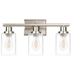 lot 9744 image: Ascher Bathroom Vanity Light Fixtures, 3 Light Wall Sconces Lighting with Clear Glass Shade, Matt Nickel Wall Lights for Mirror, Kitchen, Living Room, Gallery, Hallway, E26 Base (Bulbs Not Included)