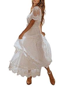 lot 9745 image: Bdcoco Womens V Neck Button Down Floral Lace Maxi Dress Casual Short Sleeve Boho Flowy Dresses White