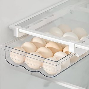 lot 9751 image: Egg Holder for Refrigerator with Handle, Automatic Rolling Egg Storage Container for Refrigerator Clear Plastic Egg Drawer for Refrigerator Pull Out Egg Tray for Fridge Shelf