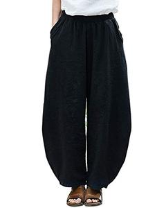 lot 9760 image: IXIMO Womens Cotton Linen Pants Casual Baggy Elastic Waist Relax Fit Trousers Slacks KZ76 Black M