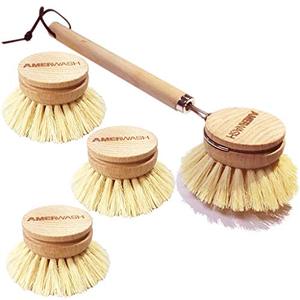 lot 9762 image: AMERWASH PLUS Dish Brush with Wooden Handle, Natural Kitchen Brush for Dishes Vegetable, Pots and Pans, Tampico Fiber Bristles Scrubber, Extra 3 Pack Replacement Head Included