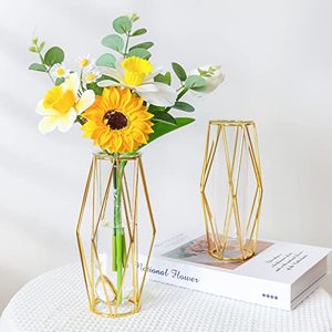 lot 9767 image: BYBOUS 2 Pcs Gold Vase for Flower,Cute Desk Decor Geometric Small vase, Clear Glass Test Tube Plant Propagation Station, with Metal Stand Wedding Home Living Room Decor Office Centerpiece 7.3Inch