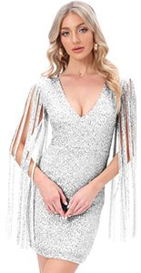 lot 9768 image: Women�s Sexy Deep-V Sequin Glitter Tassel Sleeve Party Mini Dress(L) Silver