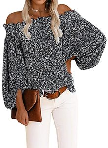 lot 9771 image: BLENCOT Womens Floral Blouse Off Shoulder Lantern Sleeves Chiffon Shirt Tops Black L