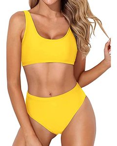 lot 9772 image: Tempt Me Women Neon Yellow Two Piece Scoop Neck Bikini Crop Top High Cut Swimsuit Sporty High Waisted Bathing Suit with Bottoms L