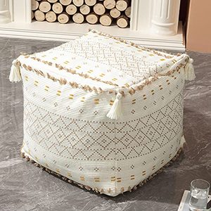 lot 9785 image: blue page Unstuffed Pouf Ottoman Cover for Living Room - Square Boho Pouf Cover Unstuffed, Cotton Woven Storage Bean Bag Chair Seat, Large Foot Rest Floor Cushion
