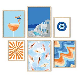 lot 24004 image: HAUS AND HUES Seascape Posters Gallery Wall Art Set of 6 - Beach Wall Art, Evil Eye Wall Decor, Travel Pictures for Wall, California Wall Art, Blue Poster, Orange Wall Art (Framed Beige)