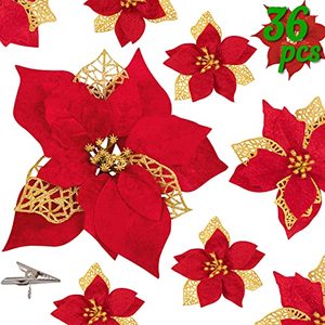 lot 24191 image: 36PCS Christmas Tree Decorations Ornaments - Poinsettia Flowers Artificial Glitter Red and Gold Xmas Ornaments with Clips