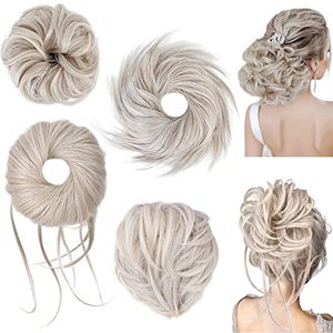 lot 24293 image: HOOJIH Messy Bun Hair Pieces, 4 Pieces Messy Bun Straight Bun Hair Pieces for Women Wavy Tousled Updo Short Ponytail Hair Extensions Large Bun with Elastic Band - Platinum with Medium Blonde Mixed