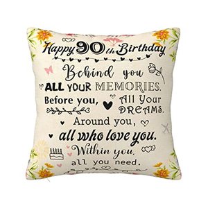 lot 24353 image: DEBLETEOMH 90th Birthday Gifts for Women - 90th Birthday Decorations for Women - 90 Year Old Birthday Gifts for Women - Gifts for 90 Year Old Woman - 90th Birthday Gift Ideas Pillow Covers 18x18 Inch