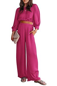 lot 24388 image: PRETTYGARDEN Womens 2 Piece Satin Outfits 2023 Spring Casual Puff Sleeve Crop Tops Blouse and Long Palazzo Pants Set (Rose Red,Large)