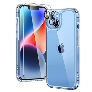 lot 24391 image: TAURI 5 in 1 Designed for iPhone 14 Plus Phone Case Clear, Not-Yellowing with 2X Tempered Glass Screen Protector  2X Camera Lens Protector, Military-Grade Drop Protection Slim Case 6.7 Inch