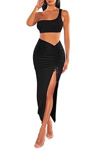 lot 24494 image: Viottiset Womens One Shoulder Drawstring 3 Piece Swimsuit Cover Up High Waist Bikini Set Black L
