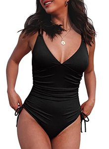 lot 24549 image: Aleumdr Womens V Neck One Piece Tummy Control Swimsuit Cheeky Tie Side High Cut Bathing Suit Ribbed Swimwear Black Small