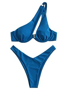 lot 24611 image: Lilosy Sexy Underwire Push Up Cutout One Shoulder High Cut Leg Thong Brazilian Bikini Swimsuit Set Women Cheeky Bottom Bathing Suit 2 Two Piece Dark Blue Small