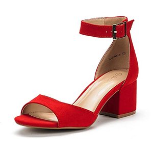 lot 24639 image: DREAM PAIRS Womens Chunkle Red Suede Low Heel Pump Sandals Ankle Strap Dress Shoes - 6.5 M US