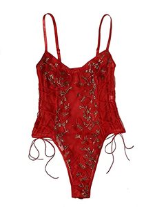 lot 24786 image: Lilosy Women Sexy Lace Up Butterfly Embroidered Teddy Babydoll Lingerie Bodysuit Top Mesh Sheer One Piece See Through Red Large