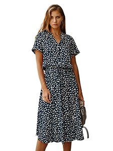 lot 24787 image: Milumia Womens Button Front Drawstring High Waist Short Sleeve A Line Midi Dress Navy Blue X-Large