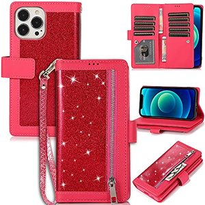 lot 24824 image: KUDEX Wallet Case for iPhone 14 Pro Max, Bling Glitter Sparkly Leather Flip Folio Magnetic Kickstand Zipper Wallet Purse Case with Card Holder Wrist Strap for iPhone 14 Pro Max - 6.7 Inch(Rose)