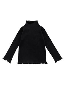lot 25125 image: OYOANGLE Girls Ribbed Knit Long Sleeve Tee Shirt Mock Neck Lettuce Trim Basic Top Black 120