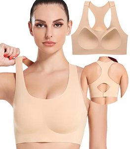 lot 25187 image: PRETTYWELL Racerback Sports Bras Non Removable Padded, Wirefree Sports Bra Tops for Women,Comfort Molded Cup Bras A to D Cup,Workout Bra Mid Impact Nude
