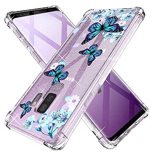 lot 25404 image: KIOMY Clear Glitter Case for Samsung Galaxy S9 Plus, Girls Women Bling Sparkly Shiny Luxury Cases with Flowers Butterfly Design Shockproof Bumper Protective Cell Phone Back Cover Slim Fit Flexible