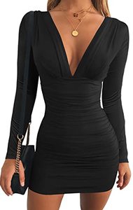 lot 25462 image: GOBLES Womens Sexy Long Sleeve V Neck Ruched Bodycon Mini Party Cocktail Dress Black