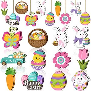 lot 25494 image: 24 Pieces Spring Easter Wooden Ornaments Happy Easter Cutouts Embellishments Cute Holiday Decorations with Strings Hanging Ornaments for Easter Tree Party Home Classroom Decor (Bunny Egg Flower)