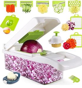 lot 25549 image: Kitchen multi 14 In 1 manual mandoline fruit vegetable cutter onion dicer veggie slicer vegetable chopper (white - Green)
