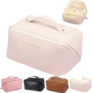 lot 25574 image: Large Capacity Travel Cosmetic Bag, Multifunctional Makeup Bag, Waterproof Portable Flat Open PU Leather Toiletry Organizer Bag with Dividers and Handle Valentines Day Gifts for Women Girls (Beige)
