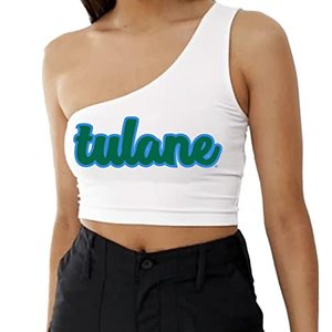 lot 25695 image: Lojobands Womens College Gameday Outfit One Shoulder Top Tailgate Crop Top One Size Fits Most (Tulane Roll Wave - White)