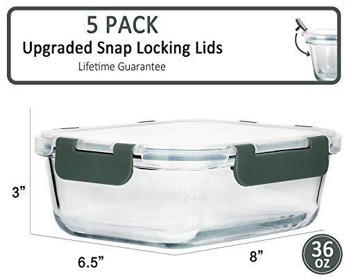 Glass Meal Prep Containers with Locking Lids, 5-Pack 36 oz Glass Food Storage Containers, Airtight Lunch Container, Microwave, Oven, Freezer and