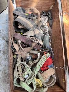 lot 1029 image: A Camp Box of Safety Harnesses, Lanyards and Belts for Tool Pouches, Respirator and other Supplies