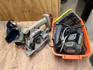 lot 1043 image: Lot of Ryobi Flashlight - Ryobi Chargers - Craftsman Handheld Circular Saw