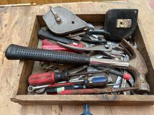 lot 1069 image: Antique Drawer with Misc Tools - Craftsman Wrenches, Hammer, Screwdrivers, Chalk Line, and Measuring Tape
