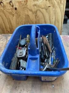 lot 1070 image: Caddy of Misc Tools - Screw Drivers, Pliers, Measuring Tape, and Wrenches - Some Antique