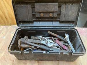 lot 1071 image: Toolbox that includes Screwdrivers, Wrenches, Pliers, and Hammer
