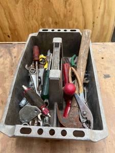 lot 1072 image: Grey Tool Caddy with Assortment of Wrenches, Screw Drivers, Pliers and Hammer