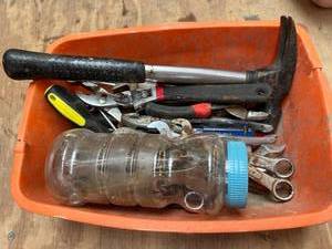 lot 1075 image: Orange Tote of Pliers, Wrenches, Screwdrivers and Hammer