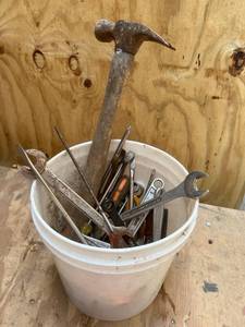 lot 1076 image: Bucket of Screwdrivers, Scrapers, Wrenches, and Hammer