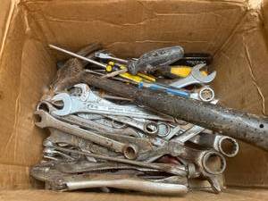 lot 1077 image: Lot of Curved Jaw Clamped Pliers, Wrenches, Screwdrivers, and Hammer