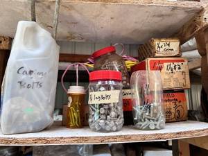 lot 1164 image: (9) Jars Boxes of Bolts - Various Sizes - See Photos for Sizing
