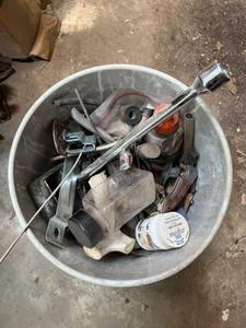 lot 2022 image: Bucket of Hardware - Pocket Knife, Brackets, Misc Hardware