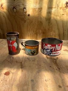 lot 1102 image: 3 Vintage Tin Cans ( Butter Nut, Big k Root Beer, and Tin Collectible Mtn Cup)