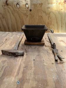 lot 1109 image: Vintage Masonry Rock Pick, Cast Iron Pot, and Knife Sharpener