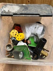 lot 1135 image: Bucket of Electrical Replacement Cord Plugs and Connectors - Outlets Sockets
